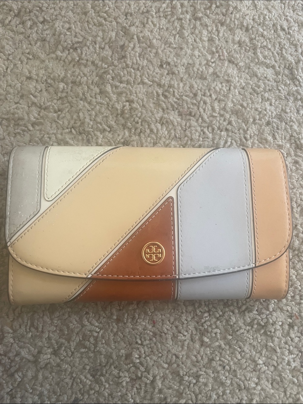 Tory Burch Cream, Tan, Light Blue & Brown Leather Fold Wallet